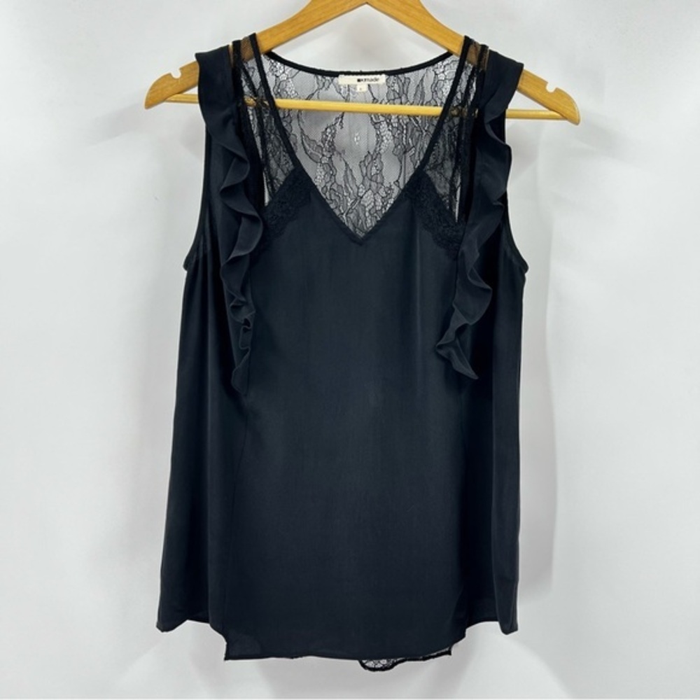 La Mode 100% Silk Elegant Black Lace and Ruffle Trim Women's Top Size‎ Small
